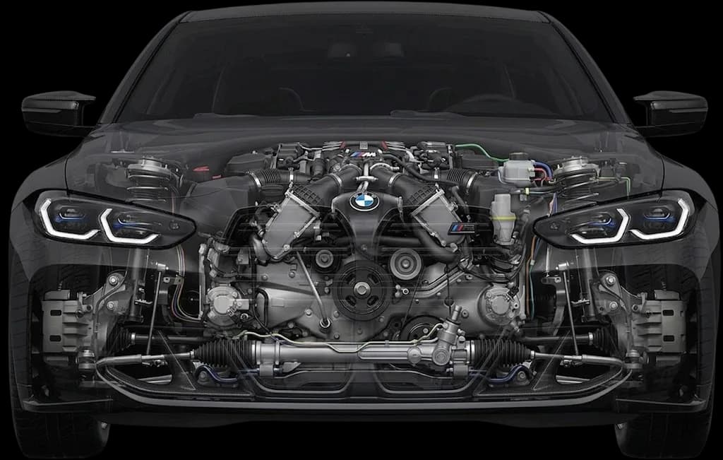 Vedere frontală a unui BMW cu compartimentul motor în transparență